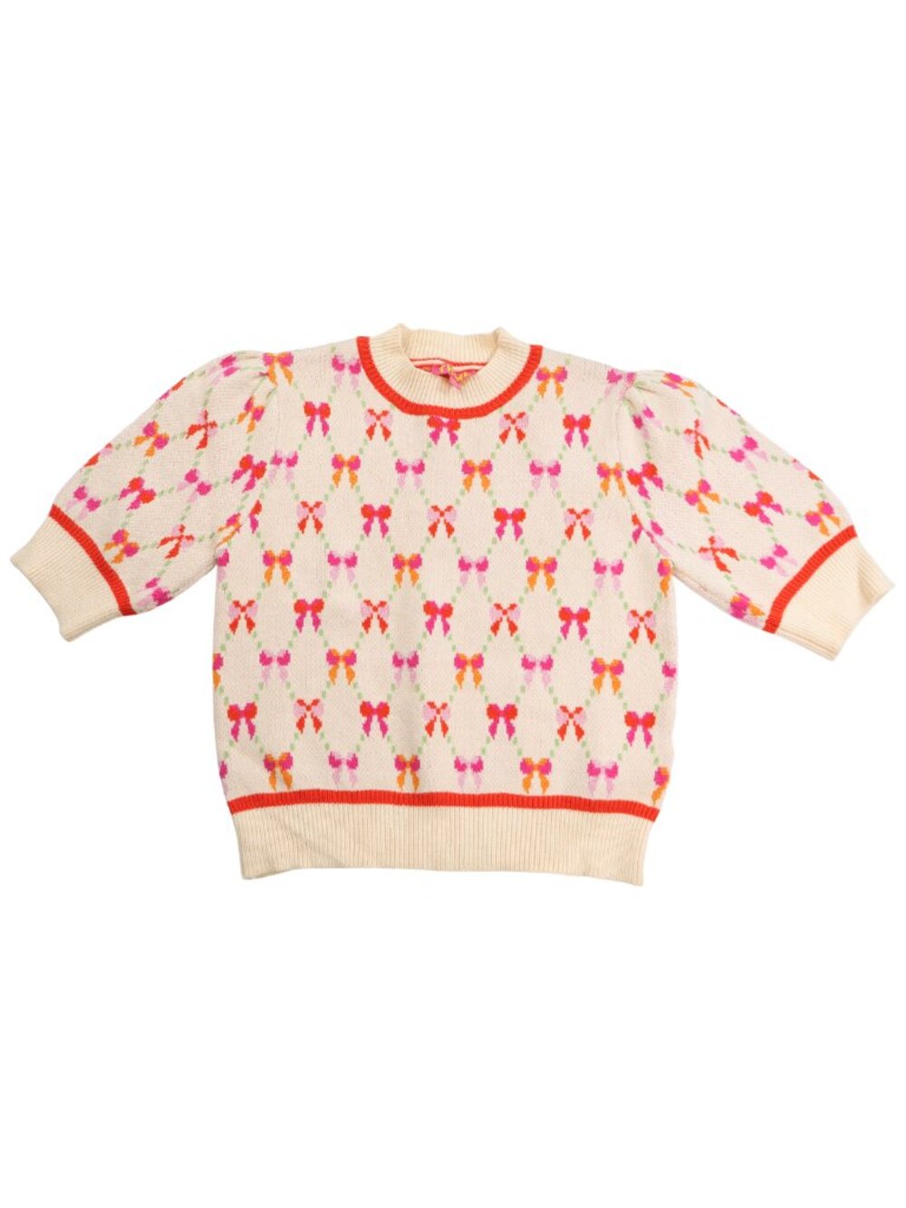 THML Bow Print Puff Sleeve Sweater XS Pink Cream Boutique Knit Top